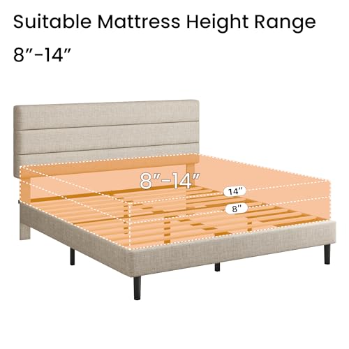 King Platform Bed Frame with Adjustable Linen Fabric Upholstered Headboard, Strong Slats Support, Noise-Free, No Box Spring Required, Easy Assembly for Bedroom Guest Room, Beige - Image 6