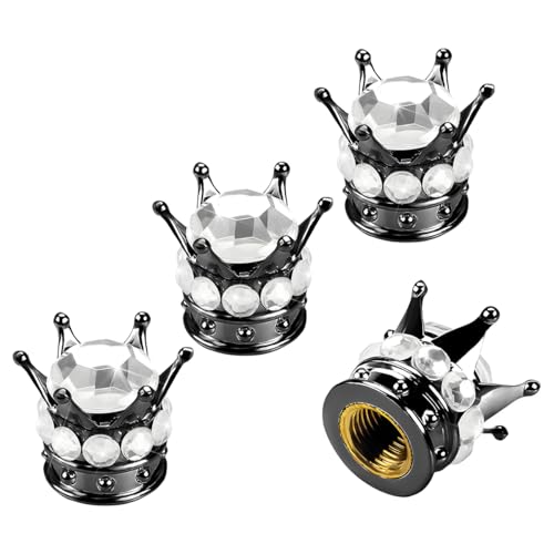 TNAIYH Bling Crown Car Tire Valve Stem Caps, 4PCS Crystal Rhinestone Dustproof Wheel Valve Covers for Women Girls, Diamond Attractive Air Stem Caps, Universal Automotive Accessories (Black/Silver)