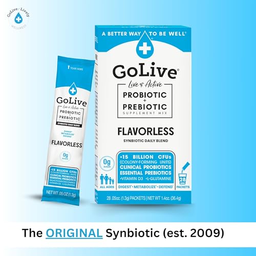 GoLive Prebiotic & Probiotic for Women, Men, Kids. Flavor-Free, Sugar-Free, Synbiotic Powder w/ GOS, L-Glutamine, Vitamin D3, Electrolytes. For Gut Health, Digestion, Metabolism, Immunity 15-50B CFUs.