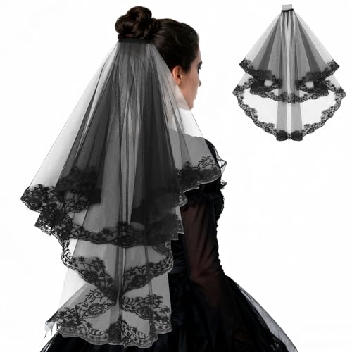 Voile de mariée noir en grenadine élégante avec peigne rétro Uonlytech