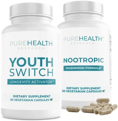 PUREHEALTH RESEARCH Youth Switch Anti Aging Supplement & Nootropics Mushroom Formula Bundle – Rejuvenated Cell Growth, Enhanced Memory and Improved Cognitive Health – Capsules PUREHEALTH RESEARCH Youth Switch Anti Aging Supplement & Nootropics Mushroom Formula Bundle – Rejuvenated Cell Growth, Enhanced Memory and Improved Cognitive Health – Capsules
