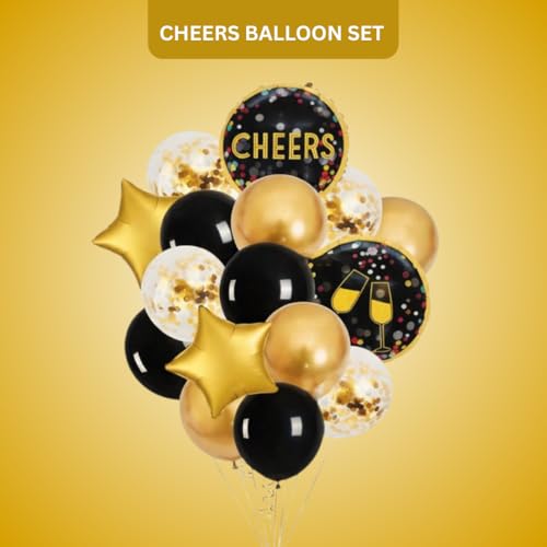Image of Wanna Party Cheers Party Balloon Decoration Set Pack of 16 | Black & Gold Foil Balloons with 12 Inch Latex Balloons for Birthday, Anniversary, New Year Decor