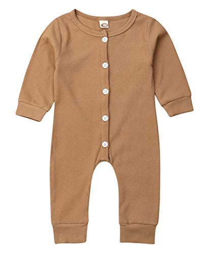 Emmababy Unisex Newbown Baby Girls Knitted Romper Long Sleeve Sweater Buttons Bodysuit Pajamas Top Fall Winter Clothing (Birth to 3 Months, Brown Jumpsuit)