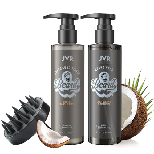 Bartshampoo & Conditioner Set, JVR Bart Care Set für die Tägliche Bartpflege, Erweicht, Glättet & Stärkt den Bartwuchs, Reinigung & Befeuchten, mit Massagebürste, Geschenke für Männer, 2 x 200ml