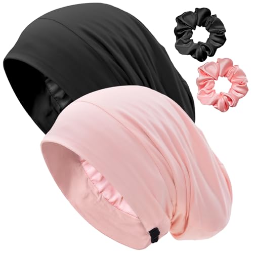Satin Lined Bonnet for Sleeping Women Men - Adjustable Sleep Cap Slouchy Beanie Hair Wrap for Curly Braid Locs M Black Pink