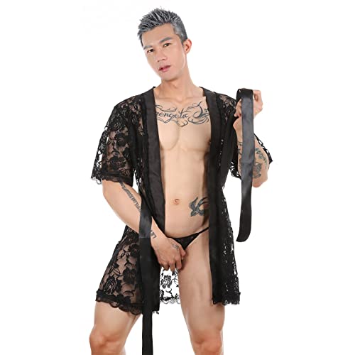 ITODA Men's Sexy Sissy Lace Bathrobes Pajamas Robes Set Night Lingerie with Thong3
