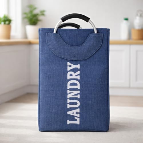 Image of DecorTwist Structured Fabric Laundry Basket with Metal Handles | Large Carry Basket for Clothes Toys & Storage | Foldable & Multipurpose | L40xW26xH38 cm | Blue