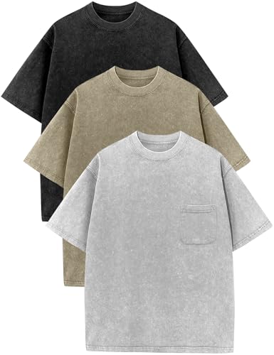 Image of COZYPOIN Unisex Kids Vintage Acid Wash Cotton Tees Crew Neck 3-16Y | 100% Cotton Boys Oversized T Shirt, Crew Neck, Short Sleeve, Front Pocket, Vintage Acid Washed Kids Tees for Boys Girls