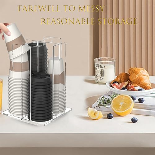 Cup and Lid Holder, 360° Rotated Coffee Cup Dispenser, Rotating Lid Carousel, Acrylic Cup Storage Organizer Beverage Cup Holder with 4 Compartments for Countertop Coffee Station Bar Restaurant, Clear