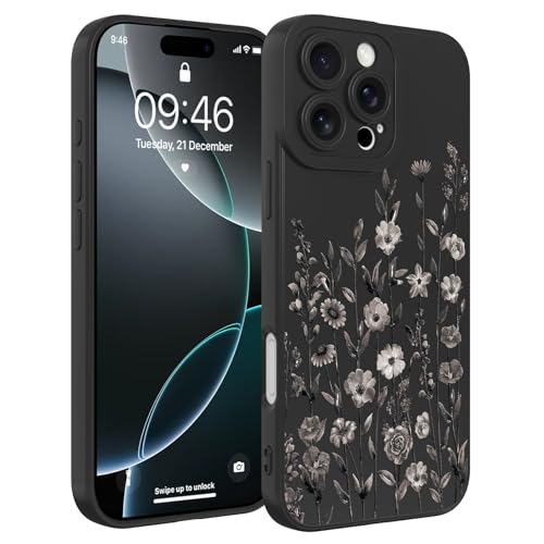 Image of Designed for iPhone 16 Pro Case Flower for Women Girls, Black | Cute Floral Pattern Liquid Silicone Phone Case [Full Camera Protection] Slim Soft TPU Protective Cover