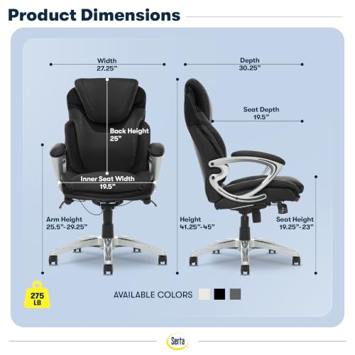 Image of Serta Bryce Executive Office Chair - Ergonomic Computer DeskChair with Lumbar Technology - Adjustable Height - Memory Foam Body Pillows - 360 Swivel Rolling Base - Bonded Leather - Black