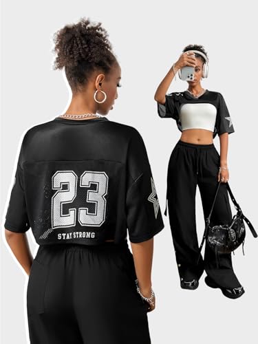 Verdusa Women's Oversized Mesh Spliced Satin Y2k Crop Top Drop Shoulder Jersey Shirts2