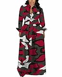 Swing Dress for Women Long Sleeve Floral Print Camouflage Button Down Cocktail Maxi Shirt Dress with Belt Wine Red L