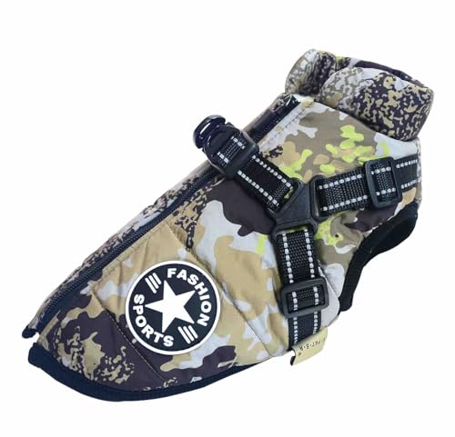 犬 暖かい ベスト ハーネス付きで着せやすい アウター コート ジャケット ファスナー フリース 背中 開き ダウンベスト 犬の服 犬服 いぬ 防寒 冬 秋 春 雨 雪 散歩 (カモフォレスト, L)