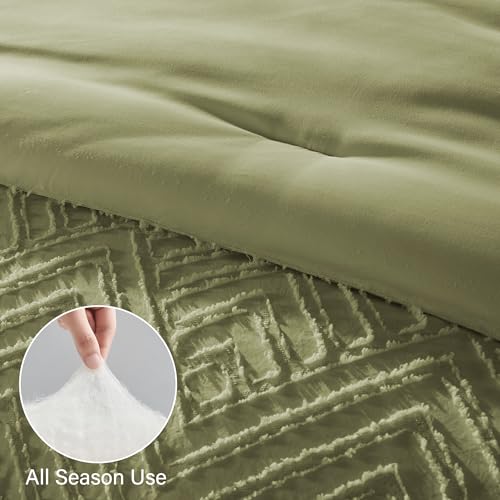 Image of Zzlpp King Comforter Set 7 Pieces, Army Green Tufted Bed in a Bag with Comforter and 2 Sheets, All Season Boho Bedding Sets with 1 Comforter, 2 Pillow Shams, 2 Pillowcases