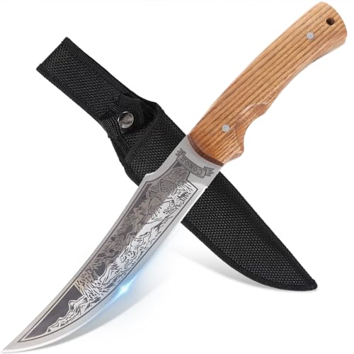Couteau Outdoor 27cm – Lame Courbe Ascendante avec Bossage Dos et Gravure Aigle Chassant,...