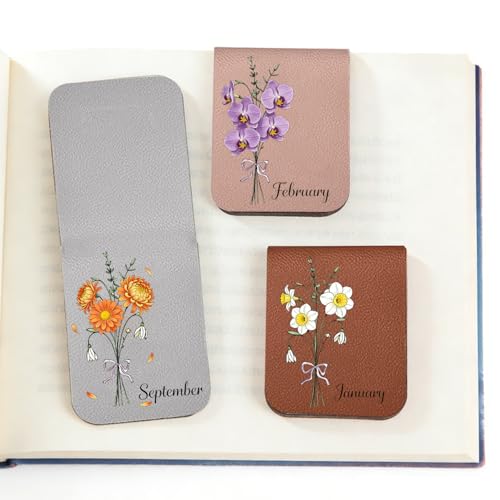 Personalized Leather Magnetic Bookmark with Birth Flower & Custom Name - Handmade PU Leather Bookmark Clip for Readers, Unique Birthday Gift for Women & Men (1 Pack)