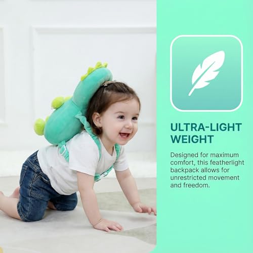 Image of Baby Head Protection Backpack - Soft Lightweight Fall Cushion for Toddlers During Crawling & Walking, Helps Ease Impact from Backward Tumbles(Green Dinosaur)