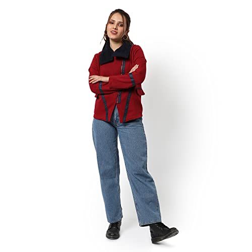 Image of Campus Sutra Women Maroon Solid Regular Fit Cotton Jacket For Winter Wear | Collar Neck | Full Sleeve | Zipper | Casual Jacket For Woman & Girl | Western Stylish Jacket For Women