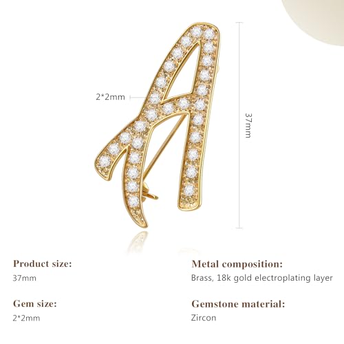 Image of Cicy Bell A-Z Initial 26 Letter Brooch Pins 18k Gold Plated Cubic Zirconia Breastpin Name Personalized Gifts for Women Men