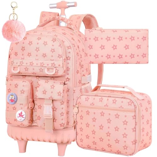Image of CCJPX Rolling Backpack for Girls, 3Pcs Roller Wheeled School Bookbag, Star Wheels Backpacks with Lunch Box for Kids (Pink)