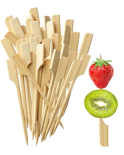 Image of Konilaomu 3.54 Inch Bamboo Skewers 100PCS Food Appetizer Toothpicks Wide Flat Paddle Bamboo Wood Picks for Cocktail,Appetizers,Fruit,Sandwich,Barbeque Snacks, Fondue (3.54inch)