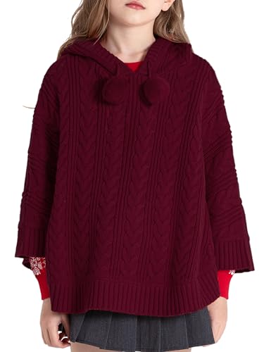 Image of BOBOYOYO Cape for Girls Hooded Cable Knit Poncho Sweaters Kids Shawl