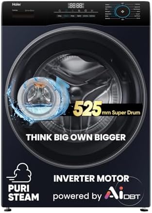 Haier 7 Kg 5 Star Powered by AI-DBT with PuriSteam, 525mm Super Drum Fully Automatic Front Load Washing Machine (HW70-IM12929BK, Inverter with In-Built Heater, Black)