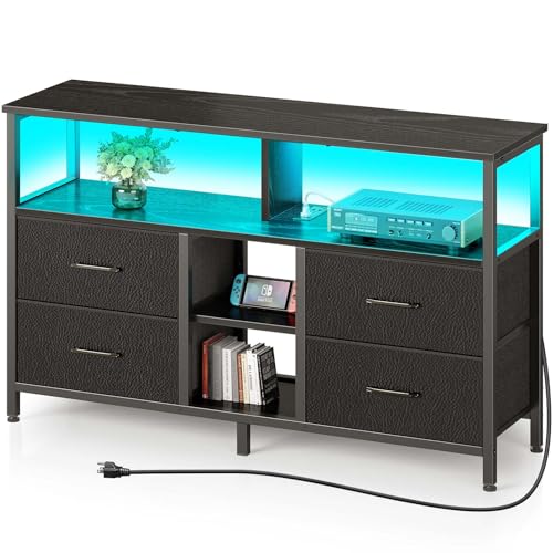 Rolanstar TV Stand with Power Outlets and LED Light, 4 Fabric Drawers Entertainment Center for...