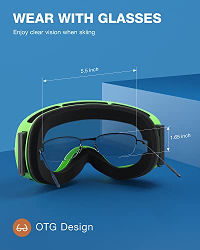 Image of ZIONOR X Ski Snowboard Snow Goggles OTG Design for Men Women Adult with Spherical Detachable Lens UV Protection Anti-fog (VLT 14% Green Frame Revo Green Lens)