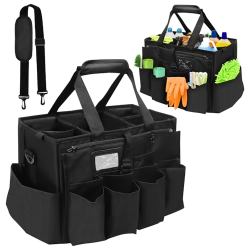 Extra Großer Reinigungs Caddy Tasche, 40x27x28cm Putzmittel Organizer mit Abnehmbarer Trennwand, Wasserdicht Werkzeugkorb mit Griff und Schultergurt, Reinigungs Aufbewahrung für Zuhause Auto Garten