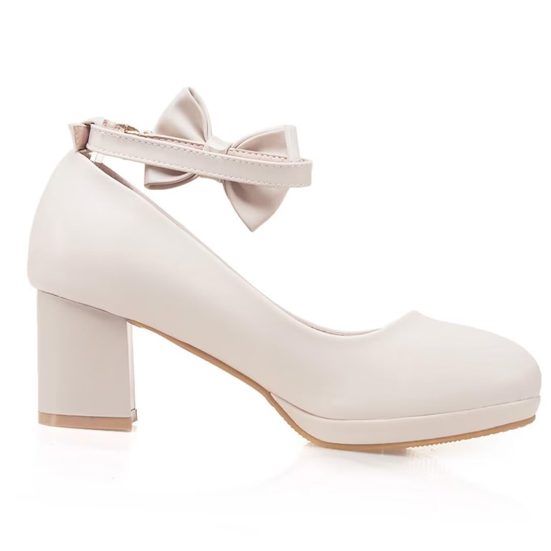 Damen High Heels Pumps mit Blockabsatz Riemchen Schleife