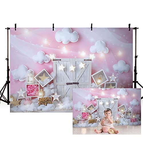 MEHOFOND Fondo de fotografía de 8 x 6 pies Rosa niña cumpleaños Retrato Blanco Nube Estrella luz Puerta de Madera Foto telón de Fondo bebé Ducha Fiesta Banner hogar Pastel Smash decoración Cover