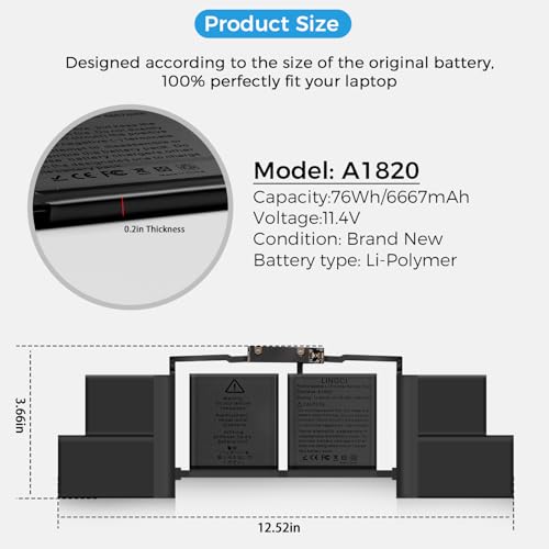 Image of A1707 Battery,A1820 Battery Replacement for MacBook Pro A1707 (2016, 2017) 15-inch A1820 EMC 3072 EMC 3162 (Upgraded High Performance 11.4V 78Wh 6667mAh)