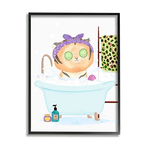 Stupell Industries Children's Tiger Bubble Bath Cute Safari Animal Bathroom Black Framed Wall Art, 16 x 20, White