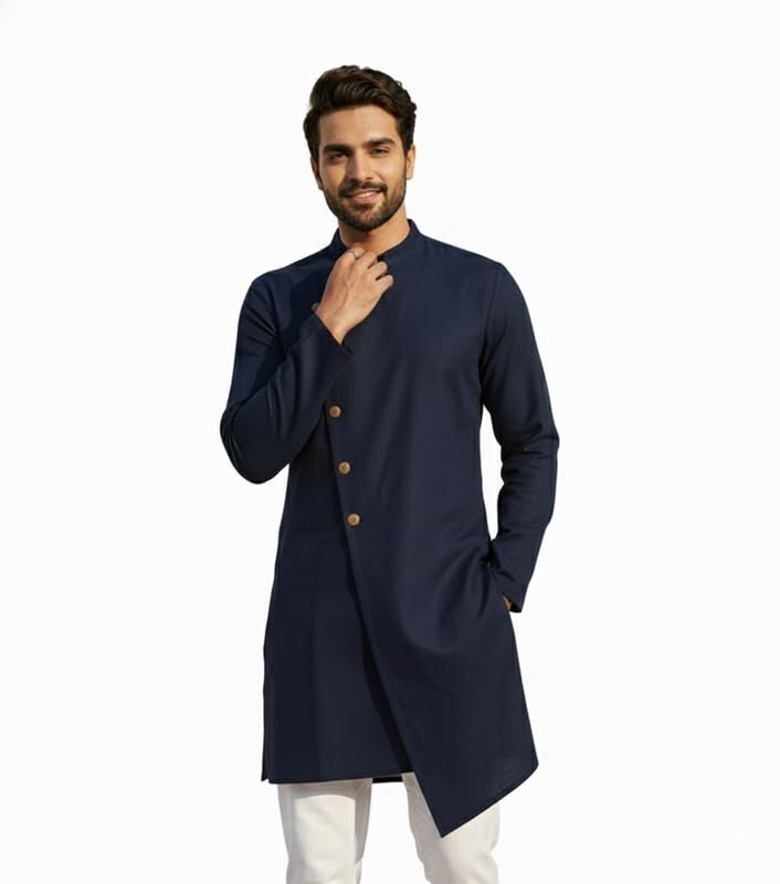 Image of OOMPH! Men's Ethnic Traditional Asymmetric Kurta Polycotton Regular Fit | High Neck Full Sleeves | Traditional Indian Festive Kurta | Stylish Casual and Wedding
