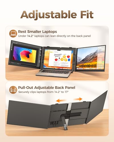 Image of NGTeco 14 Inch Triple Screen Extender for Laptop, FHD 1080P Portable Monitor Ultra-Thin 2.2LB, Plug and Play with H5-T Adapter for 13.3-17.3 Inch Mac Windows Linux Chrome OS | Plug and Play, with H5-T Adapter, Retractable Stand, 100W Reverse Charge, IPS,for 13.3-17.3 Inch