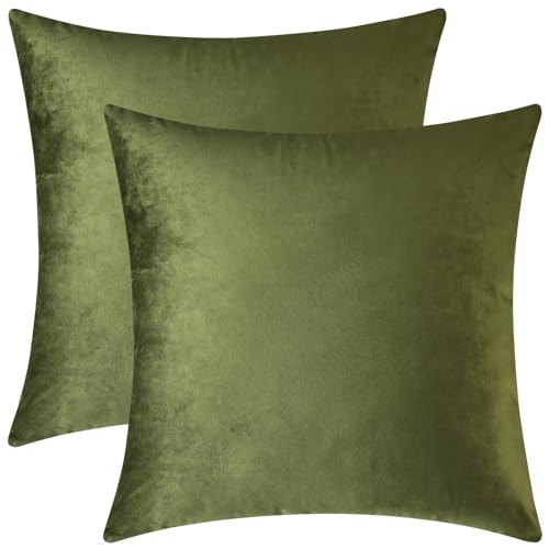 Image of Mixhug Set of 2 Cozy Velvet Square Decorative Throw Pillow Covers for Couch and Bed, Moss Green, 18 x 18 Inches