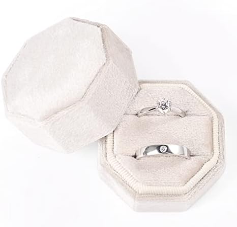 Etercycle Velvet Ring Box, Octagon Gorgeous Vintage Double Jewelry Ring Gift Box with Detachable Lid for Proposal Engagement Wedding Ceremony (Beige)