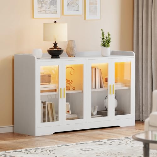 DWVO 55'' Sideboard Buffet Cabinet with LED Light, Coffee Bar Cabinet with 4 Doors & Adjustable Shelves, Large Storage Cabinet for Kitchen, Dining Room, Living Room, White