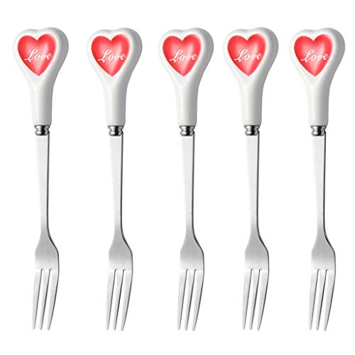 Cucharas de sopa 5 pièces de café en acier inoxydable cuillères et fourchettes, poignée en céramique avec forme de coeur espresso cuillères et fourchettes Set for le dessert, apéritif, gâteaux, thé, f