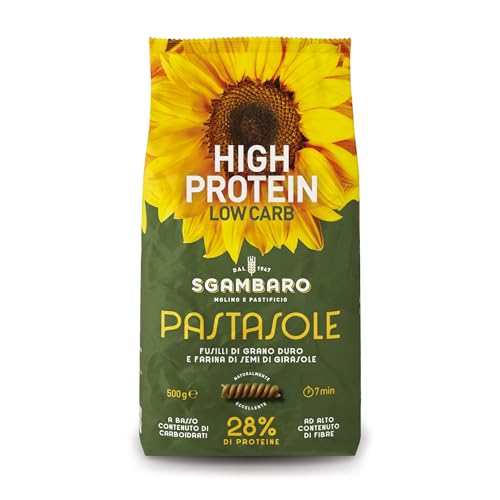 PASTASOLE Sgambaro, Fusilli mit Hartweizengrieß aus 100% italienischem Anbau und Sonnenblumenkernmehl - 500g - High Protein, Low Carb, Hoher Ballaststoffgehalt