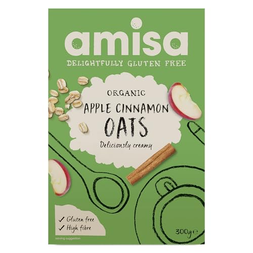 Amisa Organic Gluten-Free Pure Porridge Oats Apple & Cinnamon, 300g - High in Fibre & Gluten Free - The Perfect Breakfast Cereal