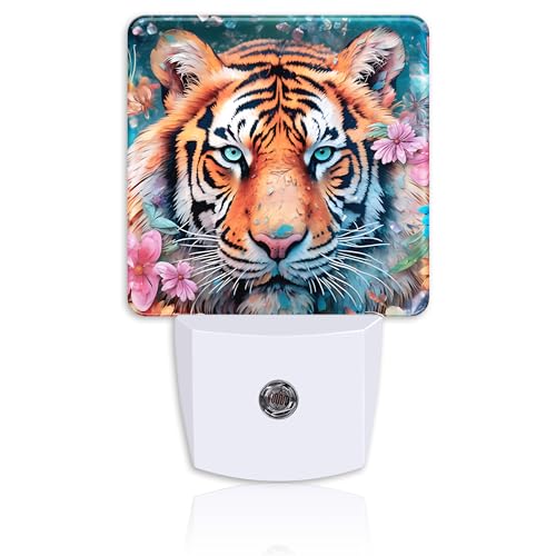 Image of Watercolor Tiger Surrounded by Flowers Night Light Plug Wall,LED Night Lights with Dusk to Dawn Light Sensor for Women Girls Boys Room Decor,Hallway,Kitchen,Bathroom,Nursery,Stairs