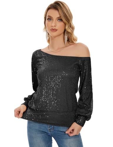Genhoo Long Sleeve Sequin Tops for Women Off The Shoulder Glitter Sparkly Tops Dressy Party Shirts for Holiday Evening Party4