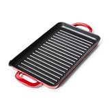 Sur La Table 15" x 9" Enameled Cast Iron Grill Pan – Rectangular Stove-to-Oven Griddle for Steaks, Veggies & Seafood, Induction Compatible, Oven to 500°F, No Seasoning Required, Red