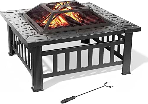 Large Fire Pit Table, Outdoor Fire Pits 3 in 1, Garden Cast Iron Firepit, Party Firepits for Heating / Camping / Festival, with Grill, Waterproof Cover, Stainless Steel Grate, 81 x 81 x 45 cm
