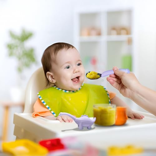 Image of Baby Spoon and Fork Set, Purple Silicone Toddler Cutlery Set with Dinosaur Case, 2 Pc, Self Feeding Utensils for Baby Meals School and Travel, Mealtime Essential