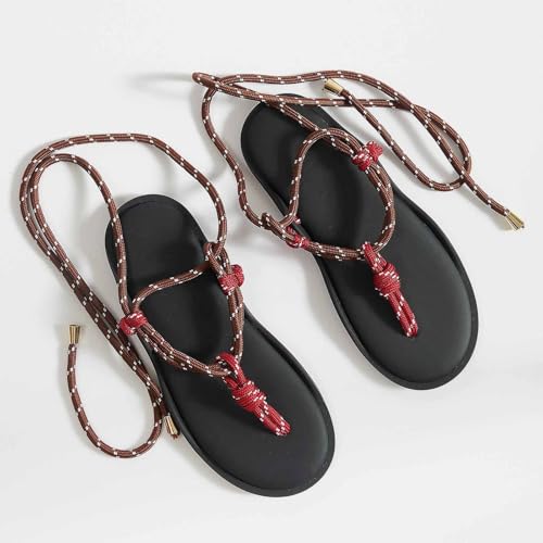 Image of ZJGZF Rope Flip Flop Sandals for Women Thong Sandals Adjustable T Straps Comfortable Soft Flat Sandals