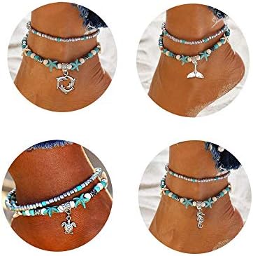 Softones Blue Starfish Turtle Anklet Multilayer Charm Beads Sea Handmade Boho Anklet Foot Jewelry for Women Girl